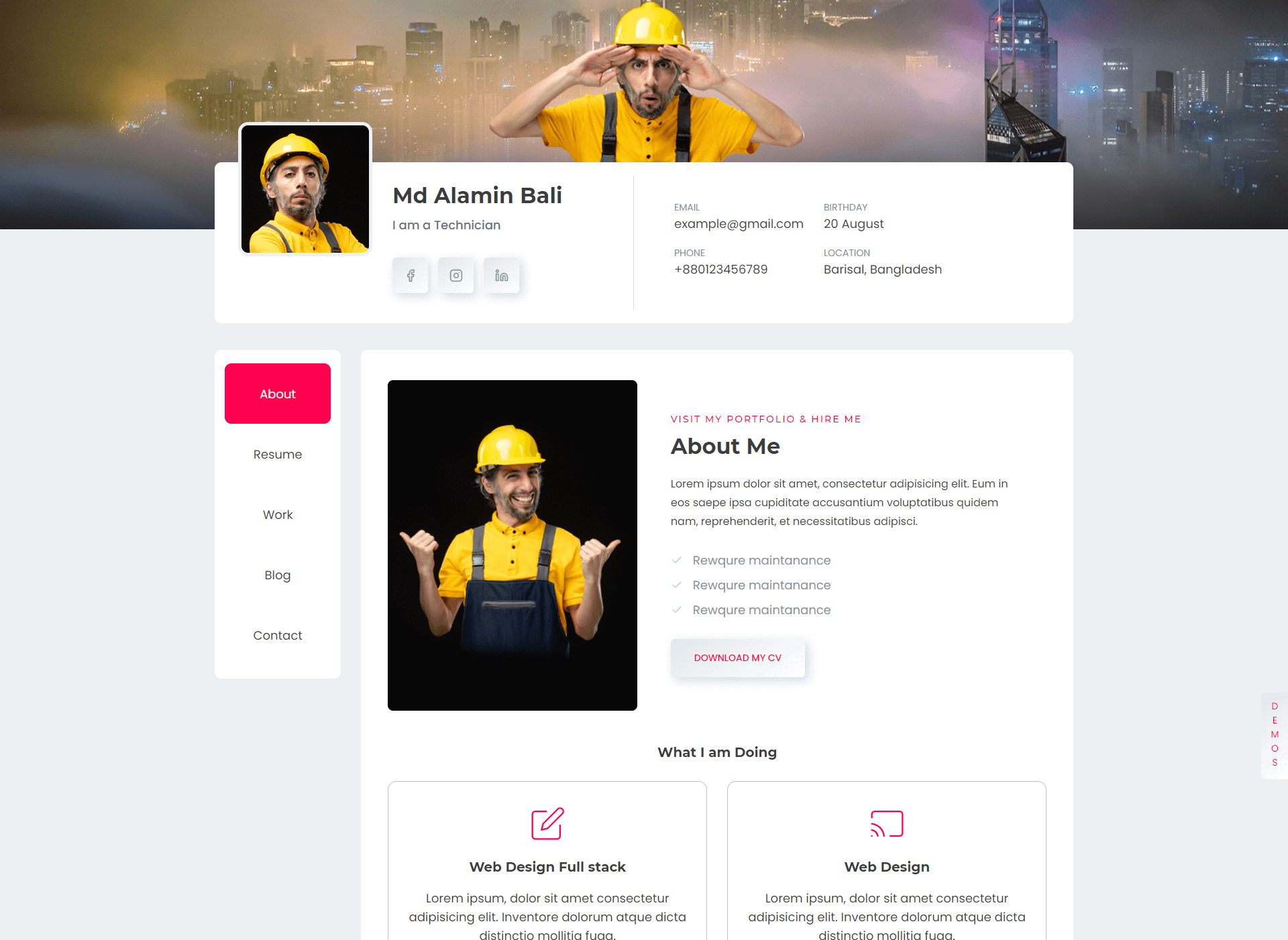Technician website design, light version, preview